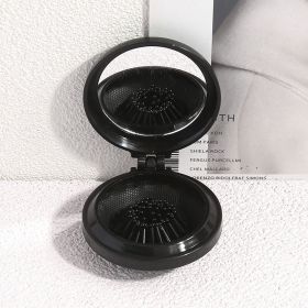 2-in-1 Folding Air Cushion Mini Comb With Mirror; Round Compact Massage Comb For Purse (Color: BLACK)